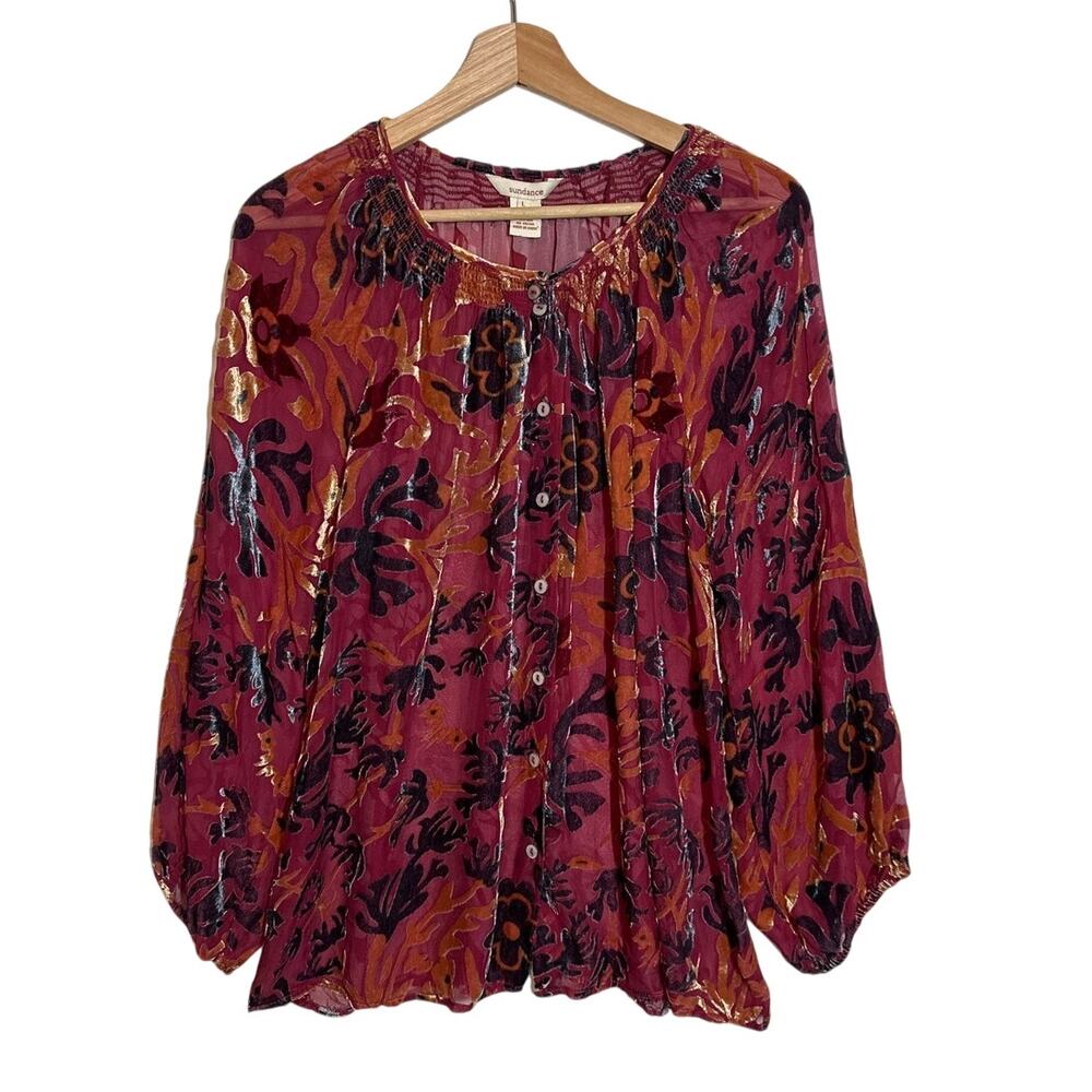 Sundance Velvet Burnout Silk Rayon Floral Blouse Top Long Sleeves Sz L Peasant